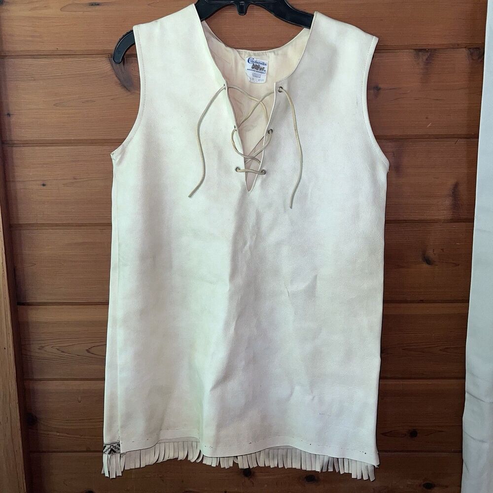 Vintage Vinyl Mini Dress Cinderella Brand Tan Size 12 60’s Go Go Mod Fringe West
